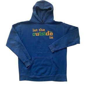 Stio Blue Hoodie with Colorful Text